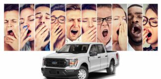 Ten people are shown yawning near a white 2023 Ford F-150 XL.