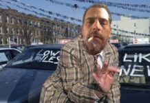 Hunter Biden is shown selling cheap used cars for sale.