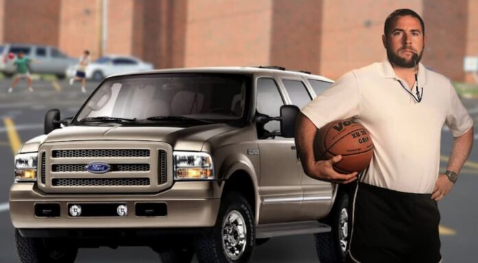 A basketball coach is shown standing near a brown 1999 Ford Excursion trying to find used SUVs for sale.