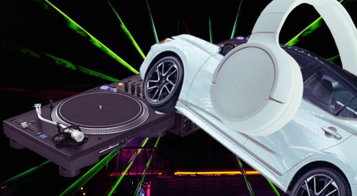 A white 2023 Nissan Sentra for sale is shown DJing an EDM concert.