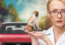 A lady standing next to a red Volkswagen is shown holding a monkey.