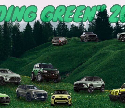 Many 'green' vehicles are shown on rolling green hills.