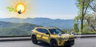 A yellow 2024 Chevy Trax is shown parked on a sunny day.