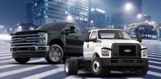 A black Ford F-250 and a white Ford F-650 with their new truck names.